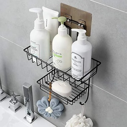 2 Layer Multipurpose Wall Rack, Kitchen Bathroom Corner Shelf Organizer, Bathroom Shower Caddy Basket, Soap Dish Holder Shelf With Hooks, Hanging Shower Caddy Rack, Self Adhesive Storage Organizer 2 Layer Multipurpose Wall Rack, Kitchen Bathroom Corner Shelf Organizer, Bathroom Shower Caddy Basket, Soap Dish Holder Shelf With Hooks, Hanging Shower Caddy Rack, Self Adhesive Storage Organizer